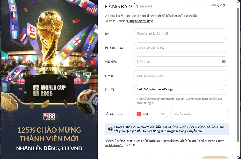 M88 44 thông tin đăng ký M88